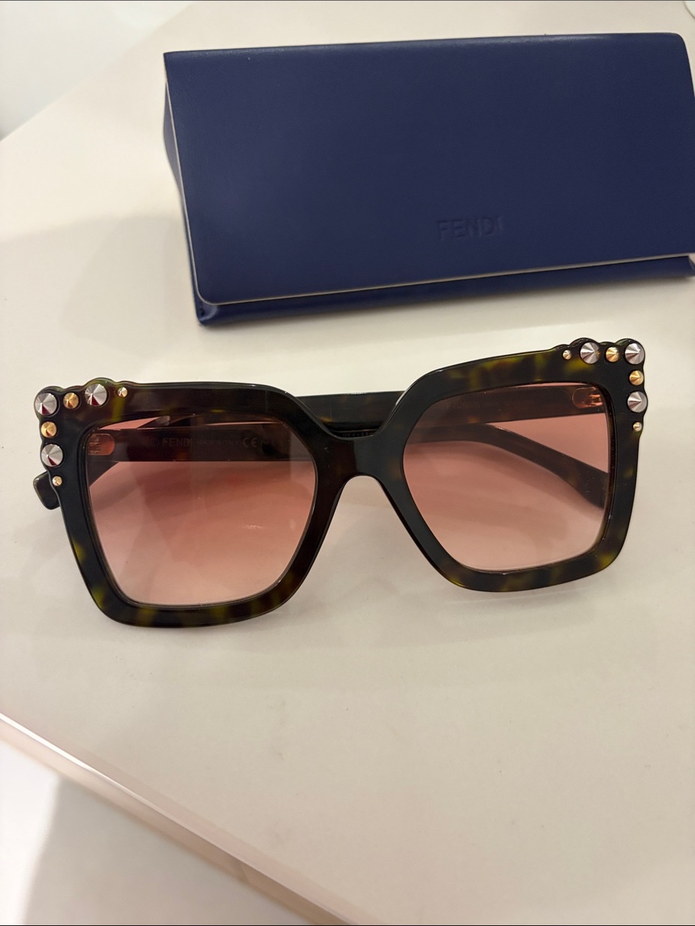 Fendi Tortoiseshell Square Sunglasses with Pink Gradient Lenses and Stud Accents